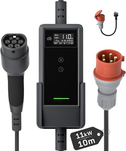 dé Elbil laddare 11kW [10m, 3-fas, 6-16A] med Plugghållare, EV Laddare 16a Typ 2 och Elbilsladdare CEE för Model Y/3, EX30, ID.4, EV9, BORN, XC40/C40, ENYAQ, BORN, EV6/Niro, Ioniq 5 och BEV/PHEV