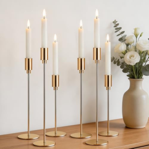 Filltown Gold Kerzenhaltern Set 6, Kandelaber Stabkerzen 32/27/22CM, Dekorativer Vintage-Kerzenhalter aus Metall für Kaminsimse, Hochzeiten, Abendessen, Geburtstage, Tischmitte, Wohnkultur