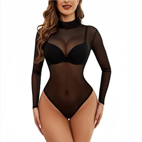 SamHeng Women Bodysuit Long Sleeve Sheer Mesh Body Suit Turtle Neck Black See Through Slim Fit Sexy Jumpsuit Leotard Top Clubwear, L