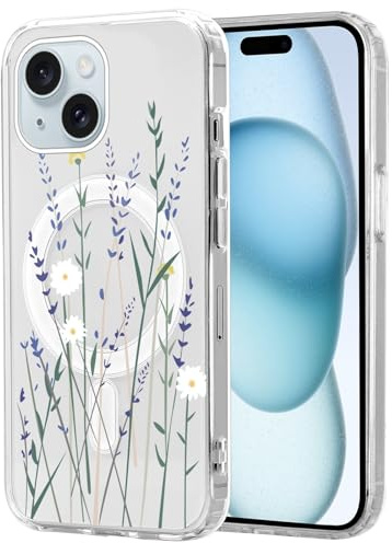 Yirlbey Cover Magnetica per iPhone 15 6,1, Compatibile con Magsafe Trasparente Silicone Custodia Aesthetic Fiori Disegno Design Motivo Sottile PC Antiurto Case per Donne Ragazze, Lavanda