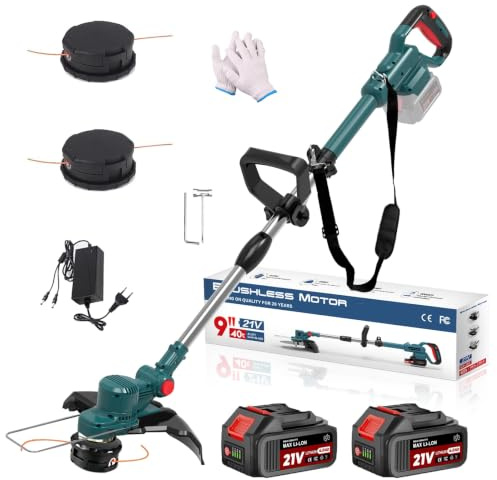 Hengriacly Akku Rasentrimmer für Makita Akkus, Rasentrimmer mit Akku 21V | Freischneider Akku- Inkl. 2 X 4.0Ah Akkus, Brushless Motor, 90° Drehkopf, Tap&Go M10*1, 25 Fadenkopf, 23 cm Schnittbreite