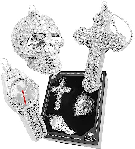 Kräfta glas Lauscha – julgransdekoration/julgranshängare set av glas – Sub Culture Xmas – motiv: Klocka, dödskalle, kors – färg: Silver med strass – storlek: 8–13 cm – antal: 3 stycken