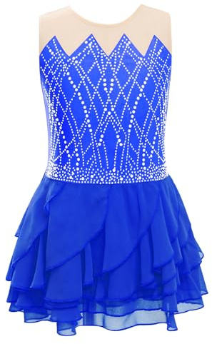 renvena Kids Girls Figure Skating Dress Sparkly Rhinestone Ballet Gymnastics Leotard Skirt Dance Costume Blue 9-10 Years