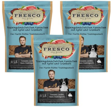 Fresco Trainingsknöchelchen Kaninchen mit Apfel & Grünkohl | 3er Pack | 3 x 150 g | Ergänzungsfuttermittel für Hunde | Zum Training oder als Belohnung zwischendurch | Ohne künstliche Zusätze