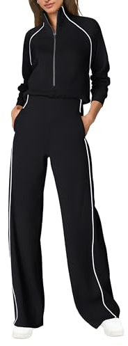SENSERISE Womens Jumpsuits Casual Long Sleeve One Piece Jumpsuit Wide Leg Mock Neck Airport Travel Outfits with Pockets(Black,L)