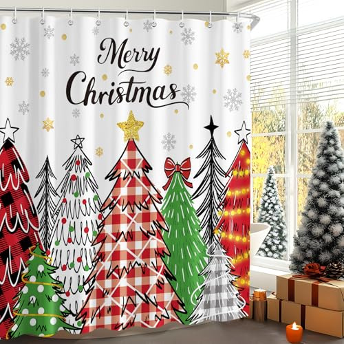 Tenda Doccia Albero di Natale 180 x 180 cm, Merry Christmas Rosso Verde Check Natale Stella Vasca da Bagno Tenda Bagno Lavabile, Impermeabile Antimuffa Tessuto Tende per Interni con 12 Ganci
