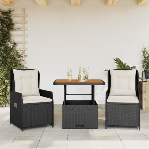 INLIFE 3-TLG. Bistro-Set mit Kissen Schwarz Poly Rattan,Möbel,Gartenmöbel,Gartenmöbel-Sets,Schwarz,35.2 KG,3262765
