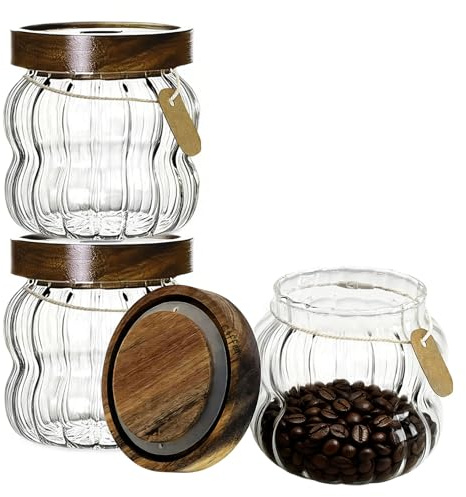 Daily Treasures Set of 3 Stackable Glass Canisters with Acacia Wood Lids - Airtight Storage Jars Easy to Open,Glass Containers with Lids for Tea, Coffee, Sugar, Spices, Dry Foods Storage (350ml)