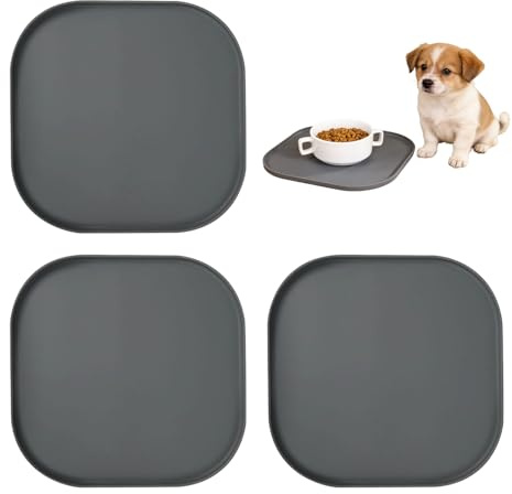 3 Stück Silikon Futtermatte für Hunde und Katzen: 27 × 27 cm Quadratisches Futtertablett Leicht zu Reinigende, rutschfeste Futterunterlage für Futter, Wasser, Brunnen(Grau)