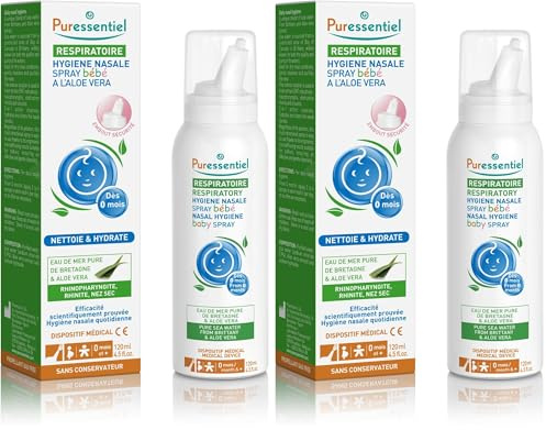 Puressentiel - Respirazione - Spray Igiene Nasale Bebè all’Aloe vera - Dispositivo medico – Azione 3 in 1 – Pulisce e Idrata – Libera le cavità nasali - Acqua di Mare pura – da 0 mesi - 120ml