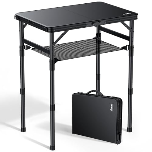 Anbte Mesa de Camping Plegable 58x40x 26/48/70 cm Alturas Regulables, Estructura de Aluminio y Tablero de Plástico, Mesa de Picnic con Red de Almacenamiento para Jardín y Camping Color Negro