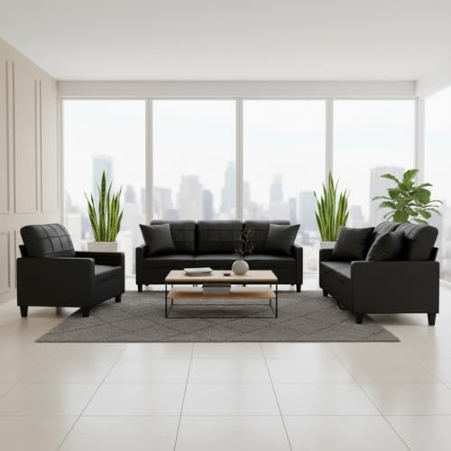 Woonisher Sofagarnitur 3-TLG. in Schwarz Kunstleder mit Kissen, Umfassendes Schlafsofa Set mit Sessel und Hocker, Ecksofa Garnitur mit Schlaffunktion für Großzügige Wohnbereiche, Komplettes Couch Set