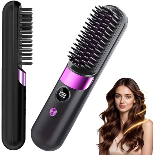 Glättbürste Kabellos, Haarbürste Elektrisch Stylingbürste für Kurze Langes Haare Damen, Haarglätter Bürste Tragbare mit 4 Wärmestufen, Hair Straightener für Reisen Täglichen Gebrauch