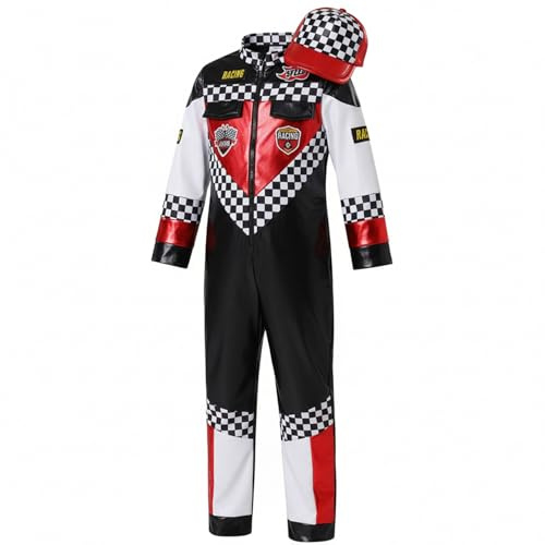 Temeemeg Costume de pilote de voiture course, Costume course pour enfants avec casquette pour vacances et fête Cosplay, Design à carreaux rouge blanc