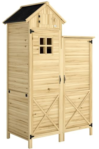 Outsunny Armadio da Giardino in Legno di Abete 106x57x167 cm Color Legno | Design a Doppia Zona, Casetta Porta Attrezzi da Esterno, Ripiani Amovibili, Finestre, Porte, Tetto Asfaltato Inclinato