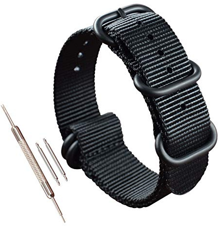 MZBUTIQ 28mm Noir Bracelet Nylon Bracelets de Montres pour Homme Mat 5 Boucles