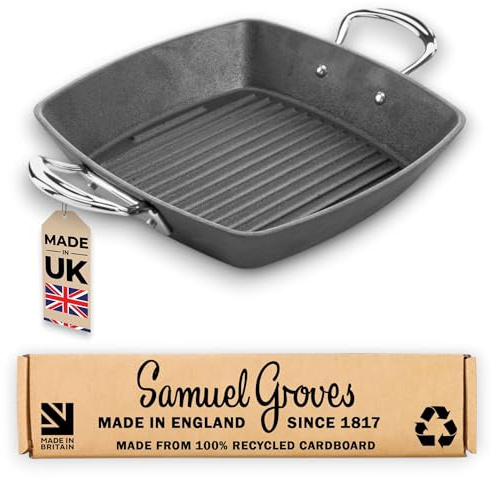 Samuel Groves 26cm Square Grill Pan Britannia Recycled Cast Iron Pre Seasoned Square Griddle Pan Skillet BBQ Cookware Range UK Made