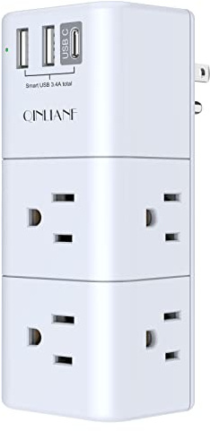USB Outlet Extender Surge Protector - QINLIANF Rotating Plug, 3-Sided Swivel Power Strip, 6 AC Spaced Outlet Splitter and 3 USB Ports (1 USB C) for Travel, Home, Office, ETL