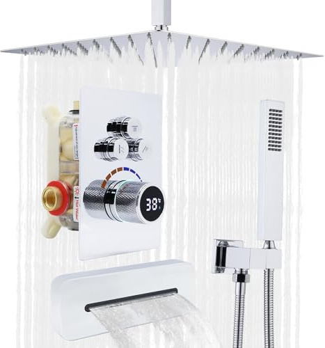 Delnet 3 Way Outlets Digital Display Valve Shower Set,16 Inch Ceiling Mounted Concealed Rain Shower System, Can Use All Options at A Time, Chrome