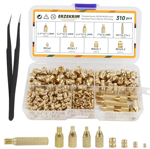 Erzekrim 310 Stück Gewindeeinsatz Einschmelzgewinde Messing Gewindeeinsätze M2 M3 M4 M5 Einschmelzhilfen Set Mit Sortierbox für Kunststoffteile Durch Einschmelzen in 3D-Druck-Teile (Gelb)