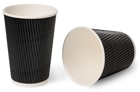 Sunrise Packaging 50-Pack 12oz Black Ripple Coffee Cups | Eco-Friendly Insulated Kraft Paper Hot Drinks Cups | Recyclable, Leakproof, Reusable
