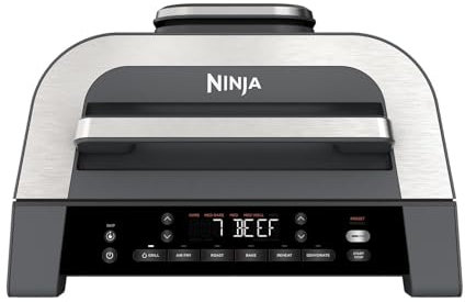 Ninja MAX 6-in-1-Grill & -Heißluftfritteuse für den Innenraum, 6 Kochfunktionen, für bis zu 6 Burger, 3,8-l-Fassungsvermögen, kaum Rauch, enthält digitales Bratthermometer, Grau/Silber, DG551EU