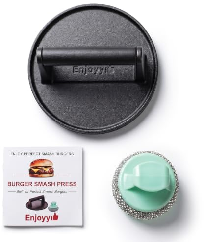 Enjoyy 16cm (6.3) Black Cast Iron Smash Burger Press, with Free Cleaning Brush 900g Heavy-Duty Pre-Seasoned Meat Smasher with Heat-Resistant Handle for Griddle, Bacon, Steak & BBQ Grill