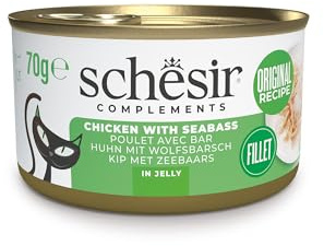 Schesir, Kycklingfiléer med gelébas, burk, komplementär våtmat för katter, originalrecept, 100% naturligt, grymhetsfritt, 12 x 70 g