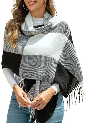 EDOTON Écharpe Pour Femme Chaude et Confortable Carreaux avec Franges Douce l'Hiver Écharpes à la Mode (Noir et Blanc Plaid)