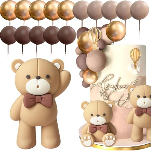 Bear Birthday Cake Decoration, Teddy Bear Cake Decoration, Teddy Bear Cake Toppers - With Golden Coffee-Coloured Small Balls for Baby Parties and Baby Welcome Birthdays