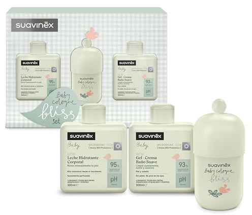 Suavinex, Pack Baby Cologne Bliss + Gel Crema Baño Suave, 300 ml + Leche Hidratante Corporal, 300 ml. Aroma Suave y Delicado, Apto Recién Nacido y Pieles Sensibles, Set Canastilla, Formato Regalo