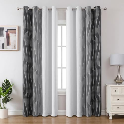 Gazal Vole Ombre Room Darkening Curtains – Modern Gradient Eyelet Drapes with Wave Line Pattern, 80-90% Darken Light Window Treatment for Living Room Bedroom & Office (Dark Gray+White)-55x102 inch