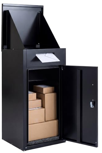 FANTASK Paketbox aus verzinktem Stahl, Paketbriefkasten mit Paketfach inkl. 2 Schlüsseln & Metallkabel mit Zahlenschloss, wasserfester Standbriefkasten für Briefe & Pakete