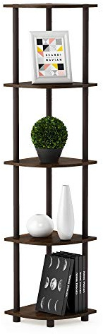Furinno TURN-N-TUBE Corner Shelf, 5-Tier Corner Bookshelf, Open Storage Shelves, for Organization and Storage, Living Room, Home Office, Garage, Bedroom, Walnut