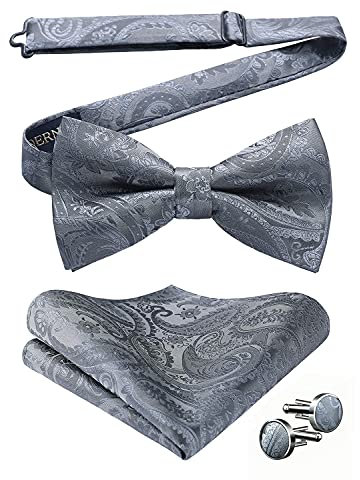 HISDERN Herren Paisley Grau Fliege und Einstecktuch mit Manschettenknöpfe Set，Schleife mit Haken - Bereits Gfebunden，Verstellbare Fliege，Vorgebundene Fliege，für Hochzeit Sfeier Weihnachten Halloween