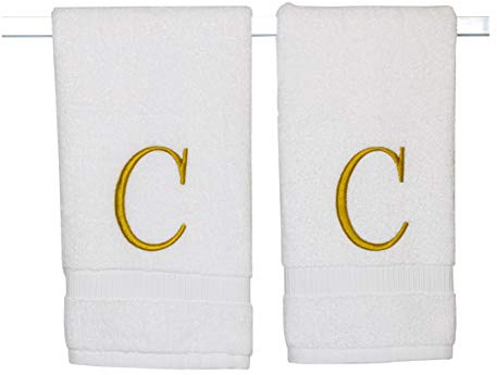 Decorvo Monogrammed Hand Towels for Bathroom - Luxury Hotel Quality Personalized Initial Decorative Embroidered Bath Towel for Powder Room, Spa - GOTS Organic Certified - Set of 2 Gold Letter C