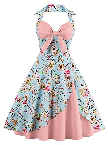 Women Retro Vintage 1950s 50s 60s Halter Neck Audrey Hepburn Style Casual Floral Print Flared Rockabilly Tea Party Cocktail A-Line Dress