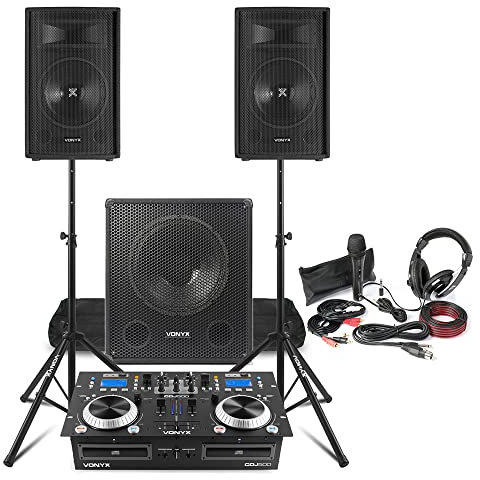 Complete DJ Bundle with Dual 10 Passive Speakers, 15 Active Subwoofer, 2-Channel CD Mixer, Mic & Headphones, Stands and Cables – Home DJ Setup, Parties, Events, PA System, DJ Packages, Starter Kit