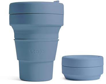 STOJO On-The-Go Mini-Klappbecher für Kinder, 237 ml, wiederverwendbarer und faltbarer Silikon-Reisebecher mit Deckel und Strohhalm, tragbar, Taschenformat, spülmaschinenfest, Stahlblau