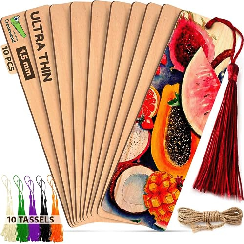 10 PCs Ultra Thin 1,5mm Blank Bookmarks - Hanging Gift Tags for Embellishments - Unfinished Wood Book Mark with 10 Random Colour Tassels and Jute Twine - Christmas Gift Hanging Ornaments
