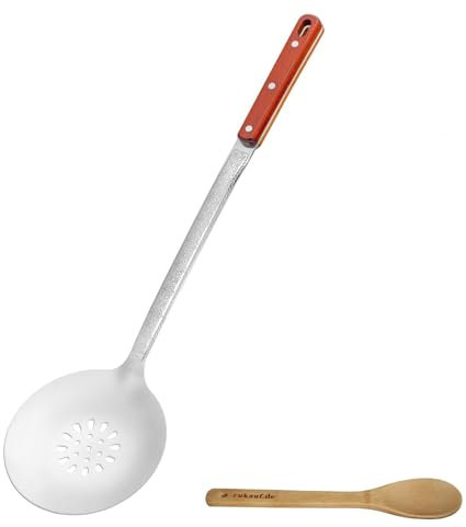 Stabiler Schaumlöffel Edelstahl 47 cm lang, Ø 12,5 cm Holz-Griff Schaumkelle Suppenkelle uzbekisch style für kazan kasan + Holzlöffel