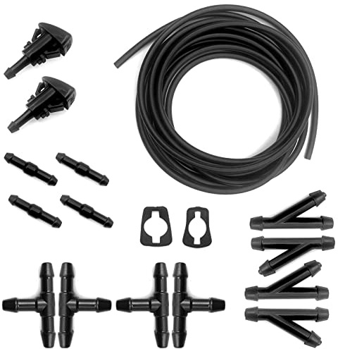 Windshield Washer Hose Kit, 5M Washer Fluid Hose+12 Pcs Hose Connectors+2 Fan Nozzles+2 Rubber Gaskets, Connect Car Water Pump and Nozzles, Suitable for Most Car Windshield Washer Tubing