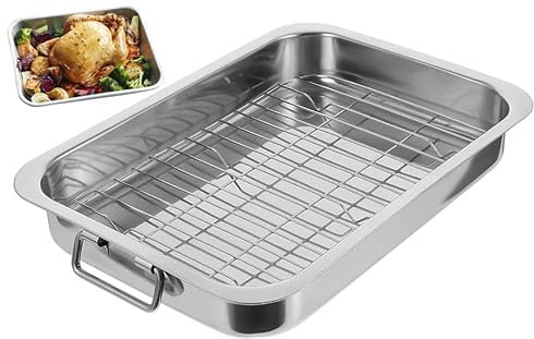 U HOME Stainless Steel Roasting Pan with Rack, Roaster with Baking Rack, Baking Pans, Cooking Tray, Dishwasher Safe Cookware. (Medium 32x23x5.5cm)