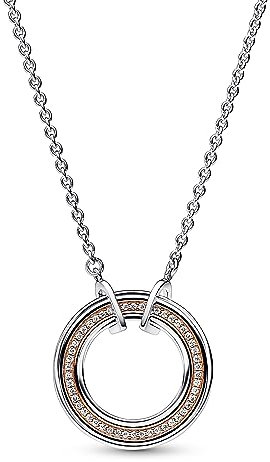 PANDORA Signature Bicolor Logo & Pavé Halskette aus Sterling Silber mit 14 Karat rosévergoldete Metalllegierung, Zirkonia, Länge 50cm, 382772C01-50