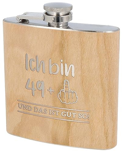 Spruchreif Flachmann | Edelstahl mit Holzoptik | Gravur 'Ich bin 49+1 und das ist gut so!' | Outdoor Geschenk | Lustig für Männer und Frauen | 50. Geburtstag