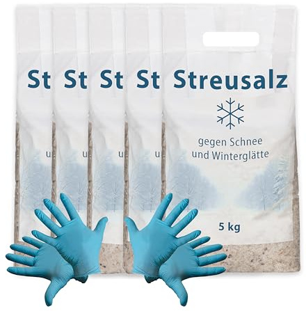 5x Streusalz/Auftausalz grobkörnig 5 kg + 2 paar Einweg Nitril-Handschuhe
