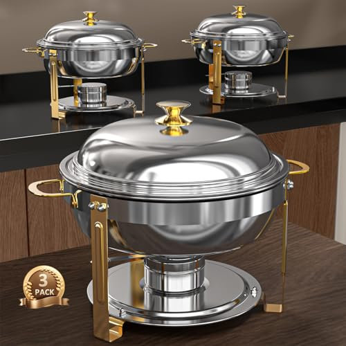Amhier 5 Qt Chafing Dish Buffet Set mit Edelstahldeckel, Chafing Dishes für Buffet mit Essen und Wasser Pfannen für Catering, Partys, Hotels und Hochzeiten, Gold, 3 Stück