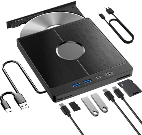 RUIZHI Externes CD DVD Laufwerk USB 3.0 Typ-C,Extern mit SD/TF-Kartenleser Portable RW Brenner,External DVD Drive für Alle PC Laptop/Desktop/MacBook, Windows 11/10/8/7/XP/Vista/Linux/MacOS