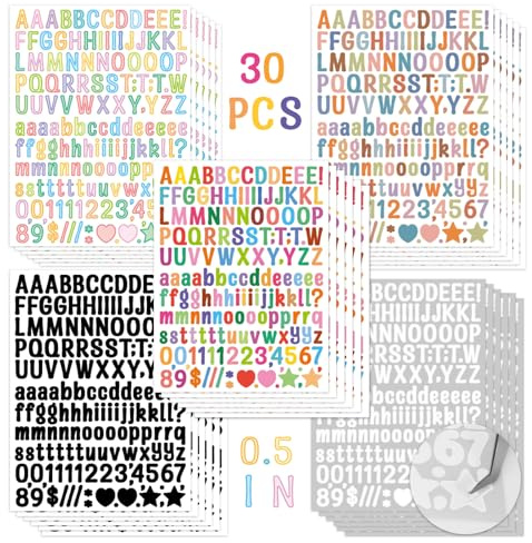 Modixun 30 Blatt 1,3 cm Buchstaben-Aufkleber, bunte Alphabet-Aufkleber, wasserdicht, Vinyl, selbstklebende Zahlen, ABC-Aufkleber, Buchstaben für Sammelalben, Wasserflaschen