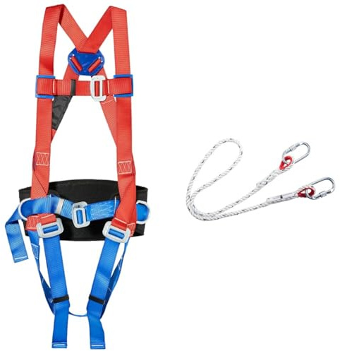 Portwest 2 Point Comfort Harness, Size: One Size, Colour: Red, FP14RER & Single Rope Restraint Lanyard, Size: One Size, Colour: White, FP24WHR,150cm